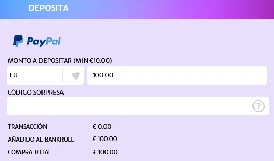 PASO 3 para depositar con PayPal: Elige el monto